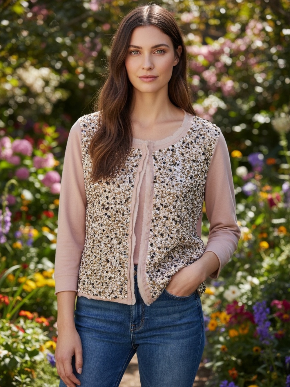 Anthropologie Sequin-Embellished Postmark Paillette Blush Pink Cardigan NWT